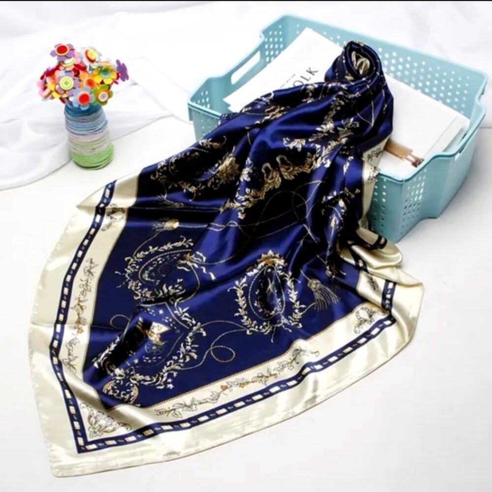 Scarf Headwraps for Women Silk Scarf Navy Satin Print 35 x 35